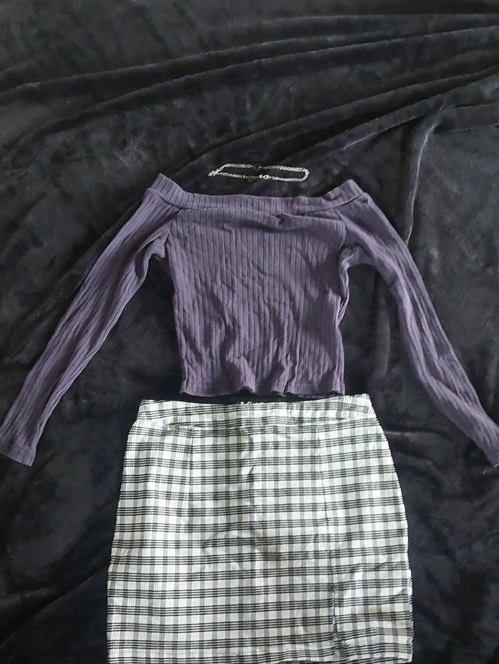 Ribbed Off-Shoulder Crop Top with Black & White Plaid Mini Skirt